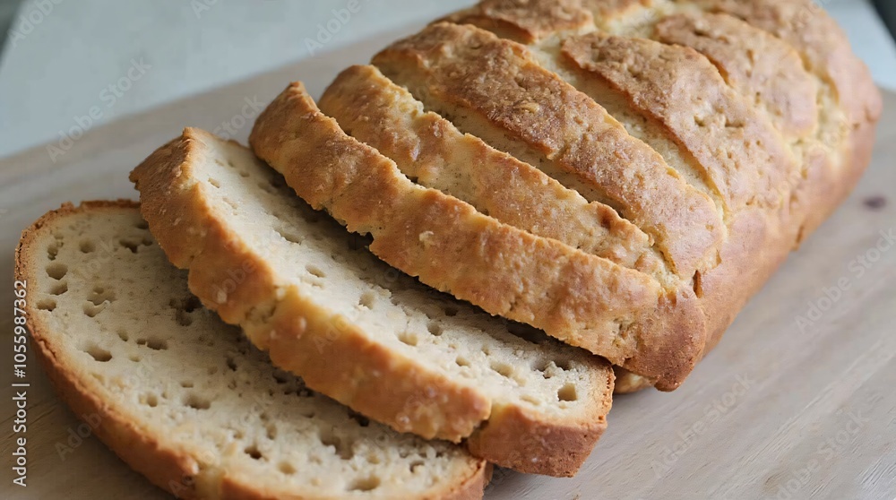 A freshly baked loaf of bread, sliced into pieces and artfully arranged on a wooden board. A freshly baked loaf of bread, sliced into pieces and artfully arranged on a wooden board.