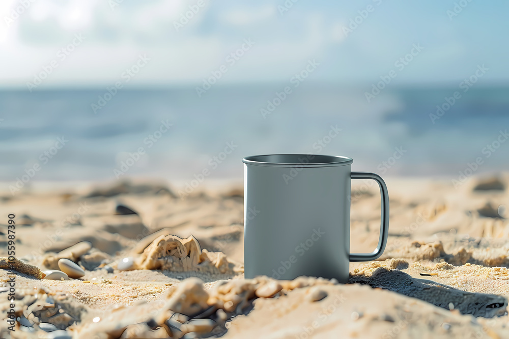 A minimalist gray mug resting on the sandy beach, with the calm sea and soft clouds in the background, evoking tranquility and leisure. A minimalist gray mug resting on the sandy beach, with the calm sea and soft clouds in the background, evoking tranquility and leisure.