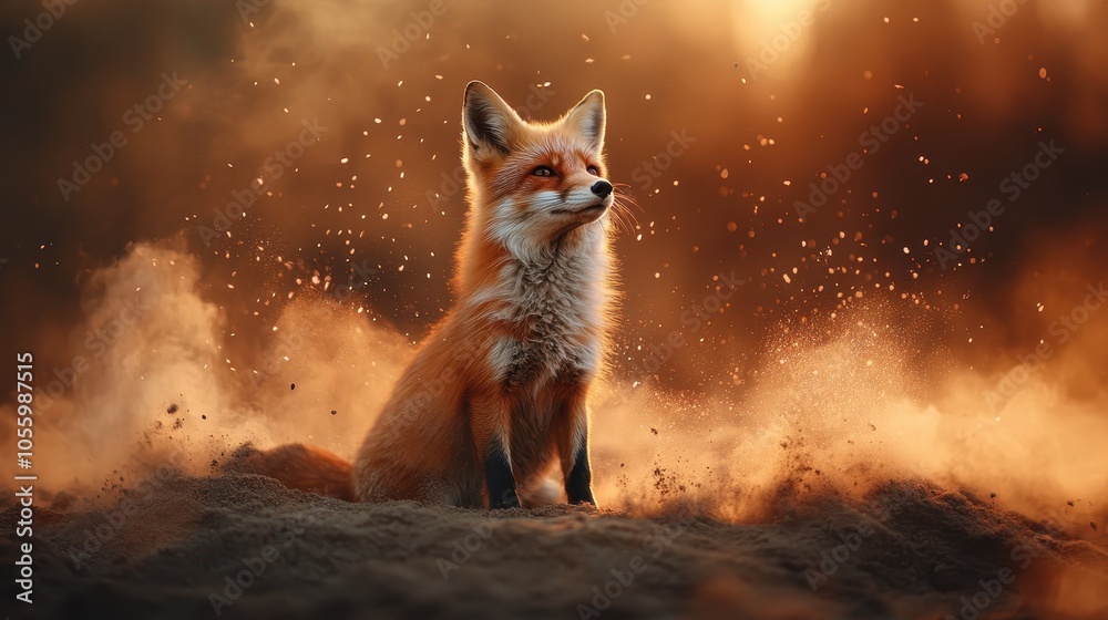 A lone fox sits majestically amid swirling dust clouds, bathed in warm sunset light, creating a dreamy and ethereal atmosphere in the wild landscape. A lone fox sits majestically amid swirling dust clouds, bathed in warm sunset light, creating a dreamy and ethereal atmosphere in the wild landscape.