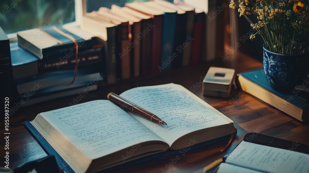 Fototapeta premium Capture the essence of dedication with notes, books