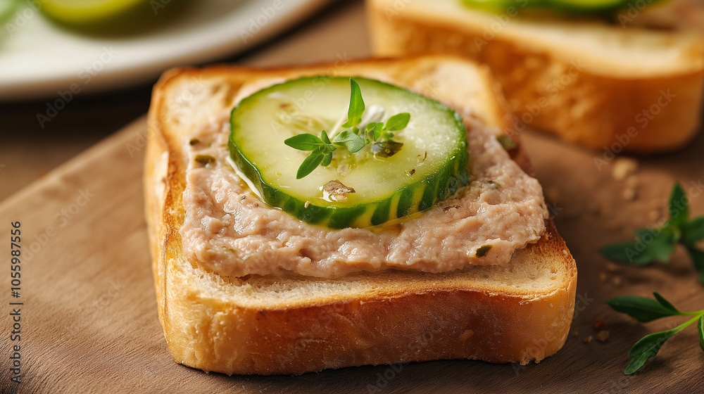 Mini Toast with Pâté and Pickled Cucumber Slice on Rustic Wooden Board – Gourmet Appetizer with Creamy Spread and Crisp Garnish in High Detail Mini Toast with Pâté and Pickled Cucumber Slice on Rustic Wooden Board – Gourmet Appetizer with Creamy Spread and Crisp Garnish in High Detail