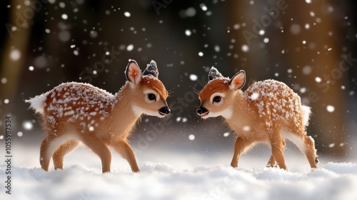 Two playful deer fawns frolic joyfully in a pristine snowy landscape, capturing the essence of innocence and the carefree spirit of youthful adventure. photo