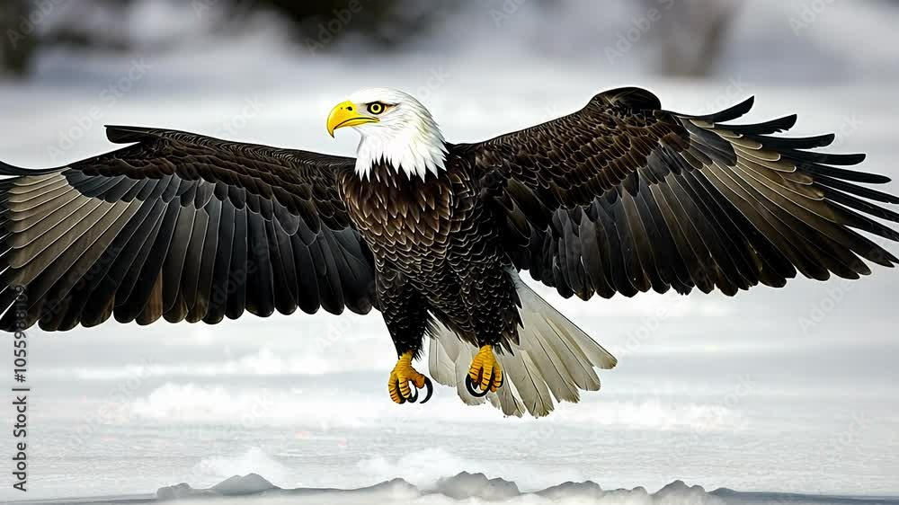 Majestic Eagle Soaring Over Snow-Covered Landscape in Winter Provides a Captivating View of Nature's Beauty and Wildlife Majestic Eagle Soaring Over Snow-Covered Landscape in Winter Provides a Captivating View of Nature's Beauty and Wildlife