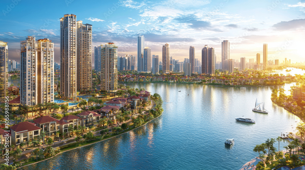 Obraz premium Stunning cityscape with modern skyscrapers, waterfront, and lush greenery. vibrant skyline reflects in calm water, creating picturesque urban scene at sunset