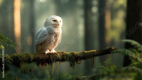 An intense snowy owl gazes straightforwardly while perched on a mossy log in a serene, mysterious forest scene, radiating wisdom and purity. photo