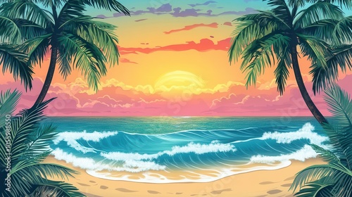 lush tropical beach illustration featuring swaying palm trees, crystal-clear ocean waves gently lapping the shore, and a vibrant sunset casting warm hues across the tranquil scene