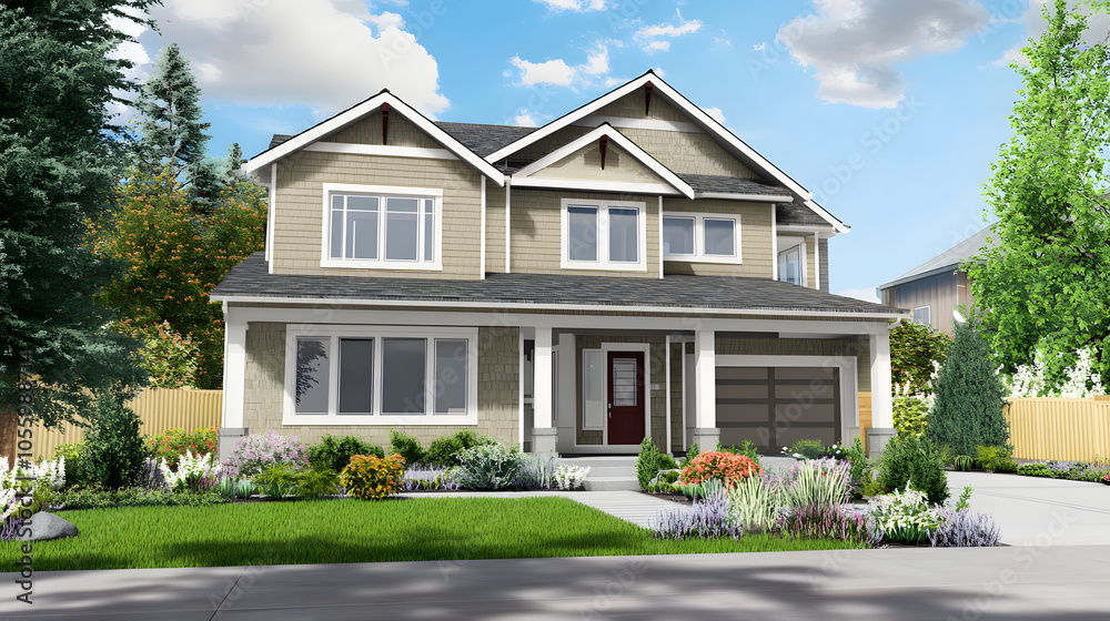 spacious two-story suburban home with a landscaped front lawn, large windows, and a driveway, surrounded by greenery and set under a bright blue sky. spacious two-story suburban home with a landscaped front lawn, large windows, and a driveway, surrounded by greenery and set under a bright blue sky.