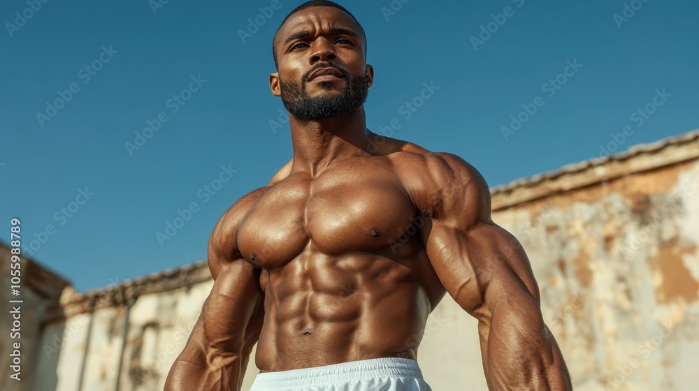 A muscular man confidently stands under the bright sunlight, casting defined shadows, with his powerful physique prominently displayed against a clear blue sky background. A muscular man confidently stands under the bright sunlight, casting defined shadows, with his powerful physique prominently displayed against a clear blue sky background.