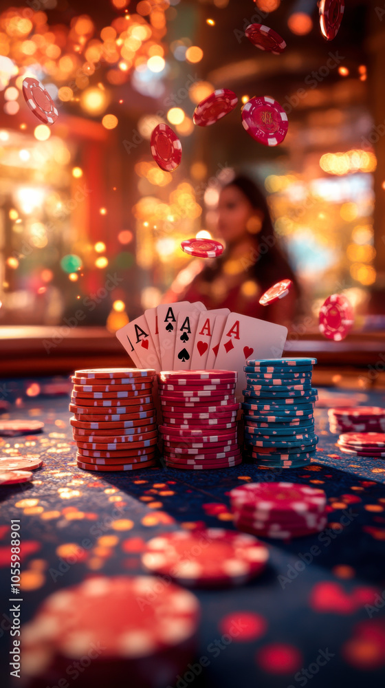 A lively casino setting with vibrant chips, cards, and a focused player during a high-stakes card game at night A lively casino setting with vibrant chips, cards, and a focused player during a high-stakes card game at night