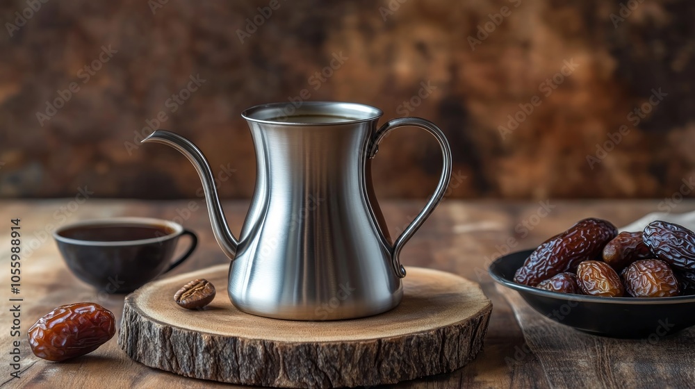 A silver coffee pot, a cup of coffee, and dates on a wooden table. A silver coffee pot, a cup of coffee, and dates on a wooden table.