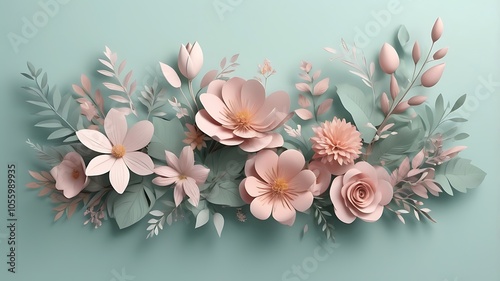 Design a refined floral border using minimalistic, pastel-colored foliage and blooms, with subtle details and spacing, suitable for a modern, nature-themed background or greeting car