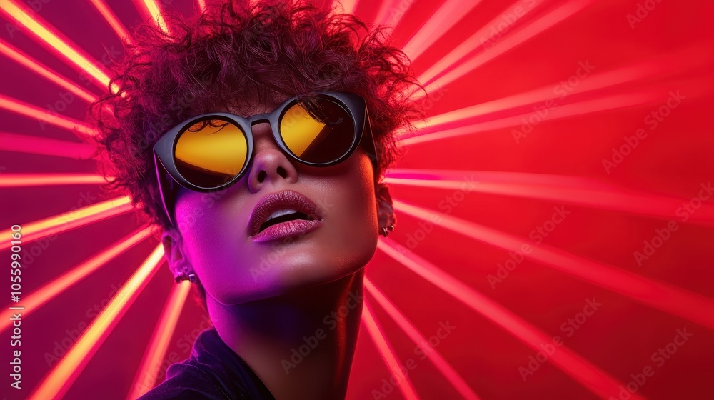 A captivating close-up of an individual with distinctive curly hair and bold sunglasses, surrounded by radiant neon lighting, symbolizing self-expression and allure. A captivating close-up of an individual with distinctive curly hair and bold sunglasses, surrounded by radiant neon lighting, symbolizing self-expression and allure.