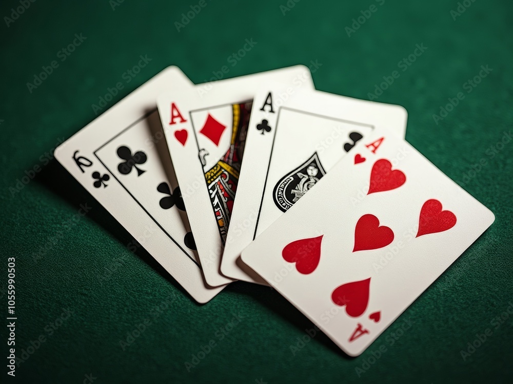 Obraz premium Close-Up of Winning Poker Hand with Four Aces and a Five of Hearts on Green Felt Table