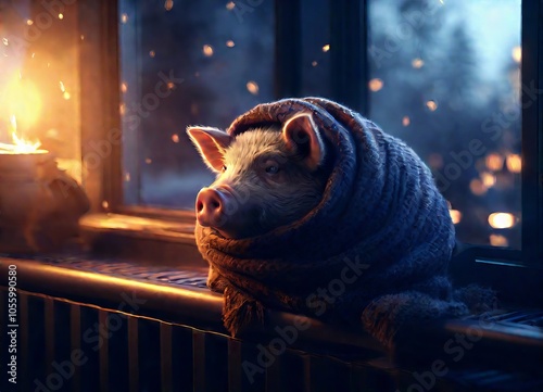 A pig wrapped in a warm scarf looks out the window at night.