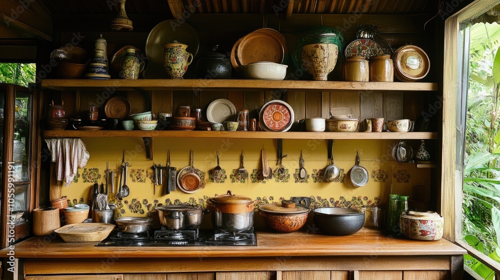 Thai-style kitchen with open shelving, natural wood, and traditional cooking elements for a homely look. Thai-style kitchen with open shelving, natural wood, and traditional cooking elements for a homely look.