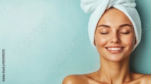 A smiling woman radiates relaxation and happiness, wrapped in a soft towel, showcasing her radiant skin post-spa treatment, symbolizing self-care and contentment.