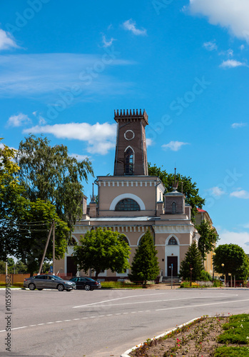 The 18th century eclectic town hall on a bright sunny day in the center of Chechersk, Gomel Region, Belarus photo