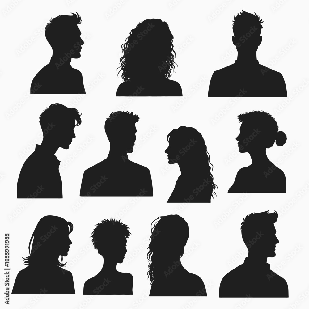 Silhouettes of people with various hairstyles and profiles, vector black color silhouette, isolated white background Silhouettes of people with various hairstyles and profiles, vector black color silhouette, isolated white background