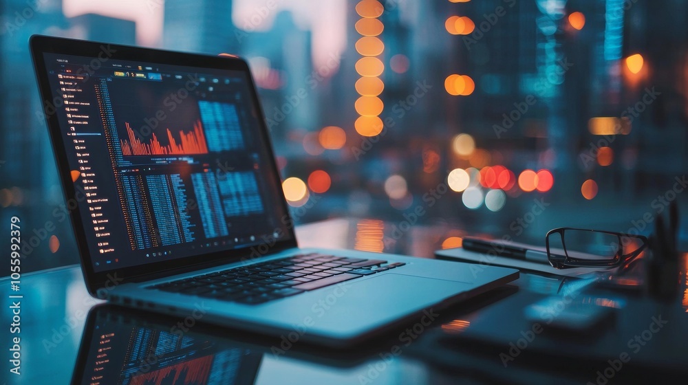 Laptop displaying stock market data with city lights in the background Laptop displaying stock market data with city lights in the background