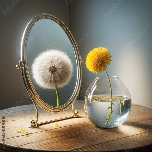 A glass vase holds a vibrant yellow dandelion while a mirror reflects its fluffy white seed head