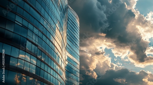 A tall building with a cloudy sky in the background