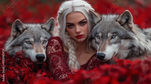 A striking portrait of a woman with platinum hair surrounded by wolves in a vibrant red forest captures a mysterious and enchanting atmosphere. photo