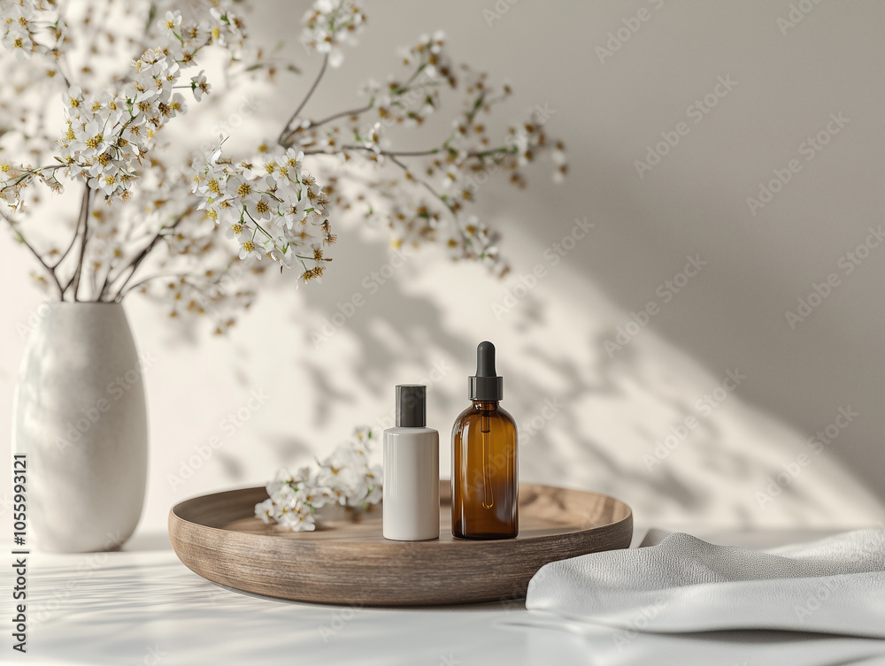 Spa still life, essential oil and skincare bottle mockup setup on minimalist and clean with floral, organic and eco-friendly concept, mockup for launch advertise. 