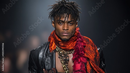 A stylish male model with an intense stare poses in a unique ensemble, characterized by layers of texture and a blend of bold colors, showcasing modern fashion creativity. photo