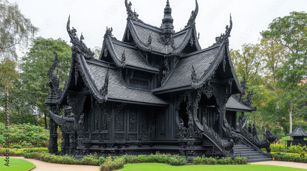 Traditional Thai wooden house with ornate carvings, high roof, and lush greenery around for an authentic look. Traditional Thai wooden house with ornate carvings, high roof, and lush greenery around for an authentic look.