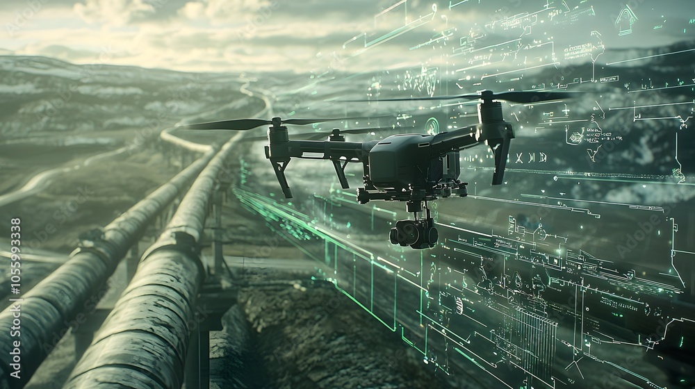 Fototapeta premium Aerial Drone Conducting Automated Inspection of Remote Oil and Gas Pipelines Across Rural Landscapes Providing Real Time Digital Overlays and Sensor Data