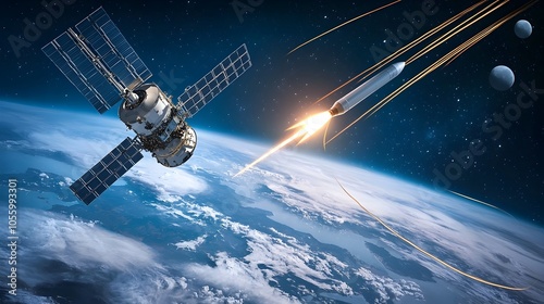 Advanced space based missile defense satellite firing a high tech countermeasure to intercept a missile entering Earth s atmosphere photo