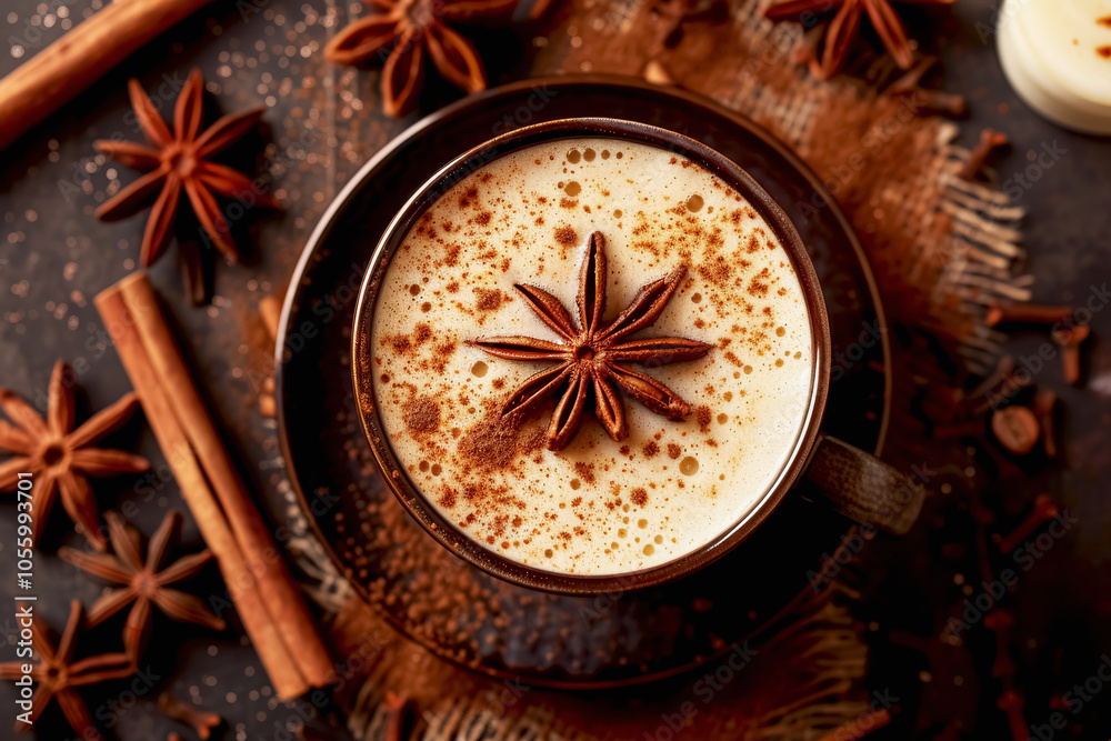 Cinnamon latte on a wooden table in a cozy coffeeshop setting Cinnamon latte on a wooden table in a cozy coffeeshop setting