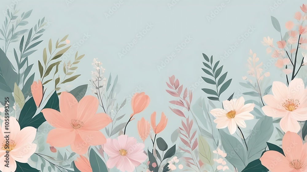 Design a refined floral border using minimalistic, pastel-colored foliage and blooms, with subtle details and spacing, suitable for a modern, nature-themed background or greeting car Design a refined floral border using minimalistic, pastel-colored foliage and blooms, with subtle details and spacing, suitable for a modern, nature-themed background or greeting car