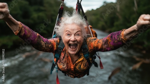 An elderly woman, full of joy and excitement, skydives over a scenic river surrounded by lush greenery, capturing a moment of pure exhilaration and adventure. photo