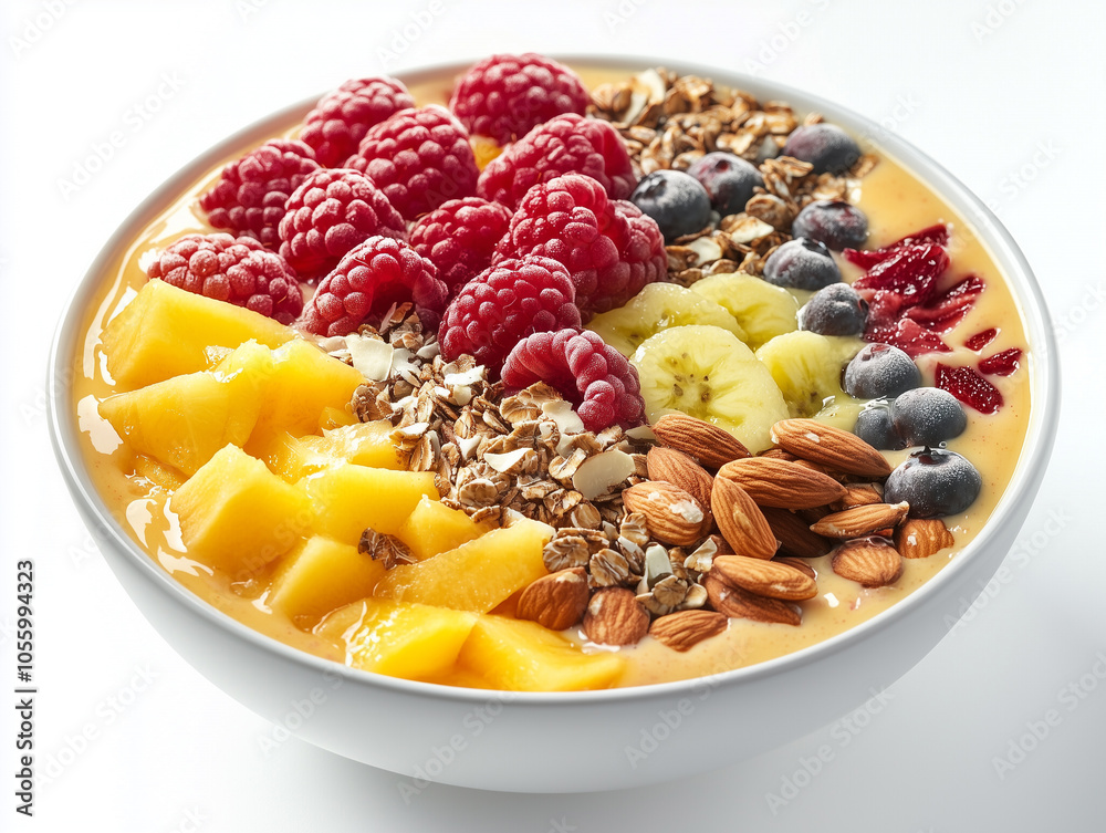 A colorful smoothie bowl topped with coconut, fruit, and seeds. Diet and heathy eating A colorful smoothie bowl topped with coconut, fruit, and seeds. Diet and heathy eating