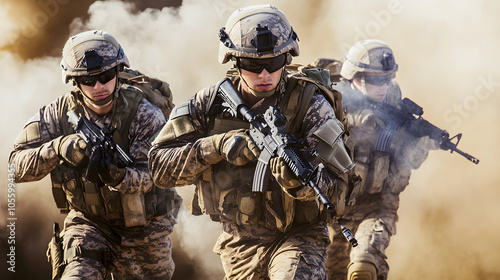 team of three soldiers in tactical gear advancing through a smoke-filled battlefield, showcasing teamwork, precision, and military determination during a mission.