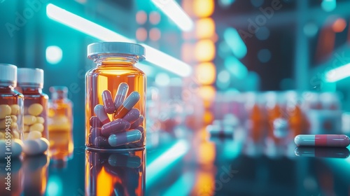 Bottles of pills and capsules in a pharmacy photo