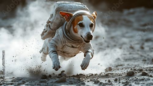 cheerful dog in a detailed astronaut suit sprinting energetically across a dusty moon-like surface, symbolizing exploration, playfulness, and sci-fi adventure. photo