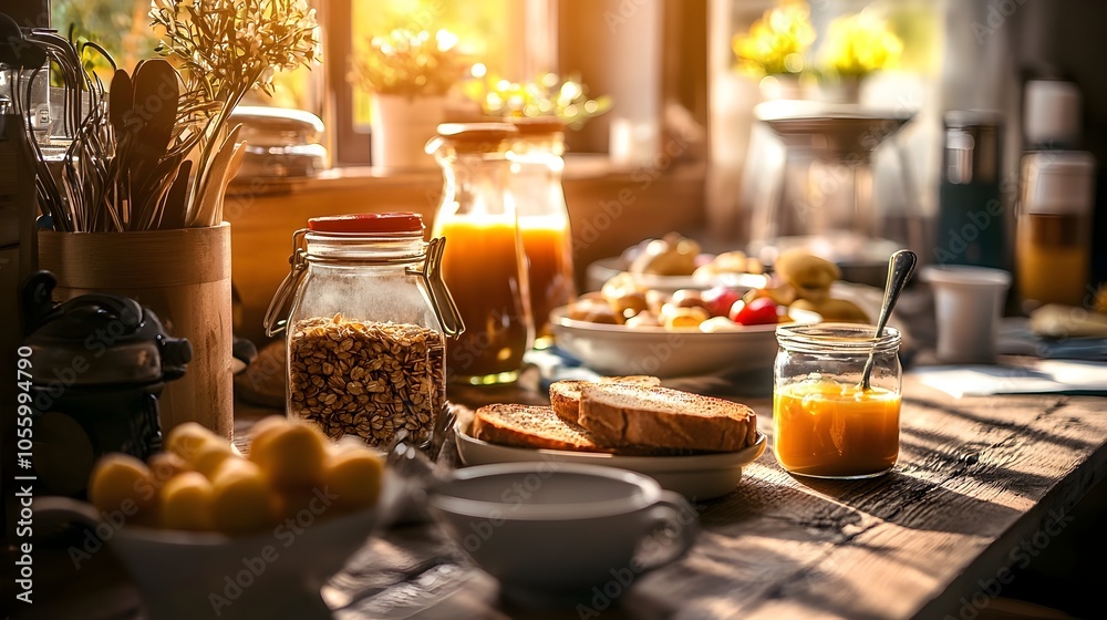 Breakfast Buffet in Cozy Hostel Dining Area with Self Service Cereals Toast Juice and Coffee Machines for Guests Breakfast Buffet in Cozy Hostel Dining Area with Self Service Cereals Toast Juice and Coffee Machines for Guests