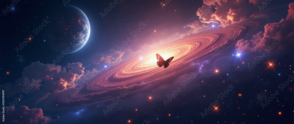 A lone butterfly floats within a swirling galaxy, surrounded by stars and a distant planet. A lone butterfly floats within a swirling galaxy, surrounded by stars and a distant planet.
