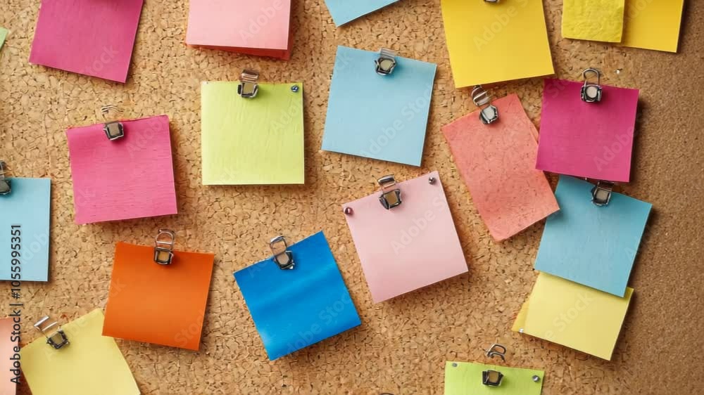 A colorful arrangement of sticky notes on a corkboard, showcasing organization and ideas. A colorful arrangement of sticky notes on a corkboard, showcasing organization and ideas.