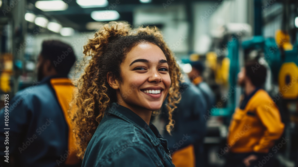 Workers in safety gear enjoying a moment of camaraderie in an industrial facility during daytime Workers in safety gear enjoying a moment of camaraderie in an industrial facility during daytime