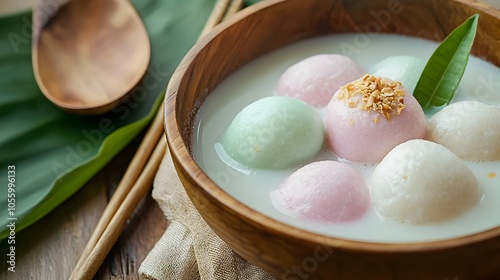 Closeup of Pastel Colored Bua Loy Rice Flour Dumplings Floating in a Warm Creamy Coconut Broth Served in a Wooden Bowl with Leaves Capturing the Delicate and Traditional Thai Dessert photo