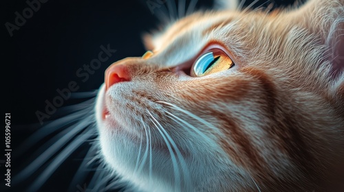 A side view of a ginger cat with vibrant eyes gazing raptly at a glowing horizon, conveying curiosity and wonder under a soft, ambient light backdrop. photo