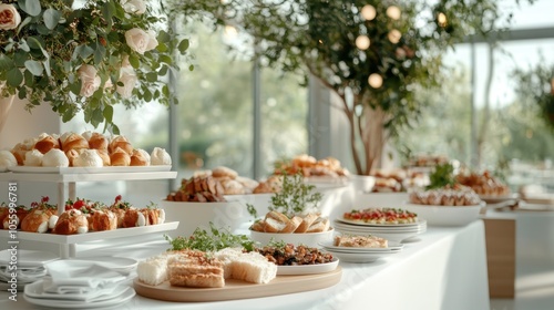 An exquisite buffet spread is set with an elegant greenery decor, featuring a variety of gourmet dishes and pastries, arranged in a beautifully lit dining setting.