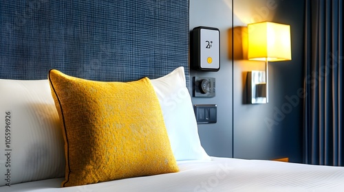 Closeup view of a smart thermostat installed in a contemporary guestroom photo