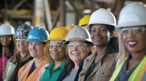 Group of working women in hard hats 