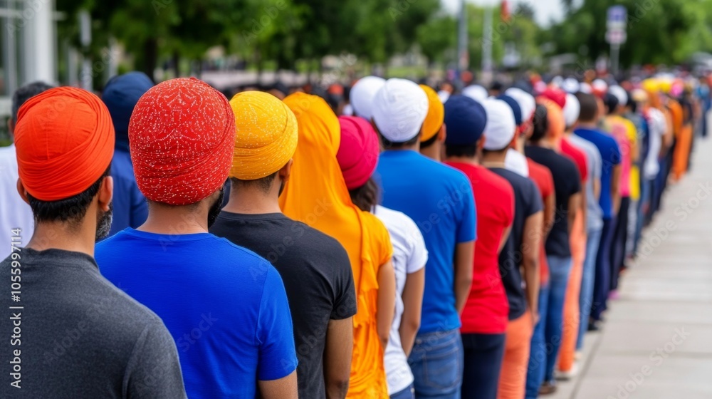 Sikh Men in Line Wearing Turbans Colorful Clothing Community Event Sikh Men in Line Wearing Turbans Colorful Clothing Community Event