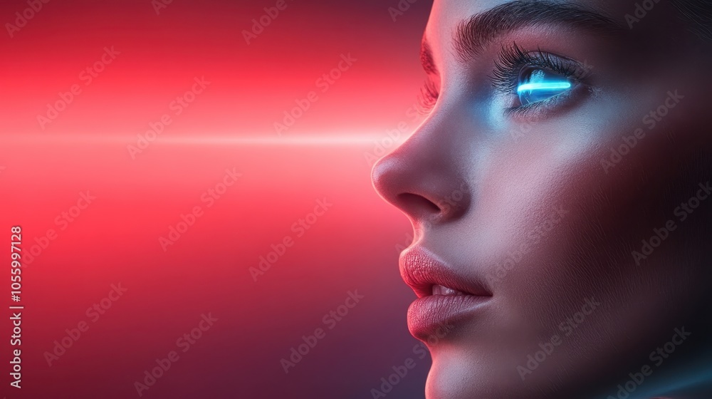 A striking image featuring a close-up profile of a woman with luminous eyes, bathed in soft red light, conveying mystery and futuristic allure in contemporary artistry. A striking image featuring a close-up profile of a woman with luminous eyes, bathed in soft red light, conveying mystery and futuristic allure in contemporary artistry.