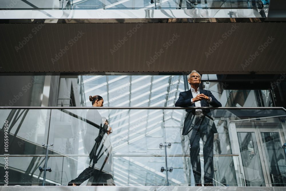 Low angle view of businesswoman walking by businessman standing at glass railing